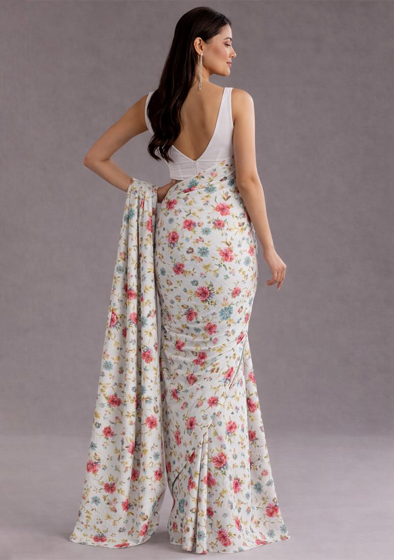 Ivory Floral Print Crepe Pre Draped Saree Set - Indya