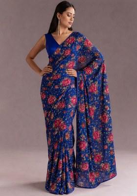 Navy Blue Floral Print Crepe Pre Draped Saree Set