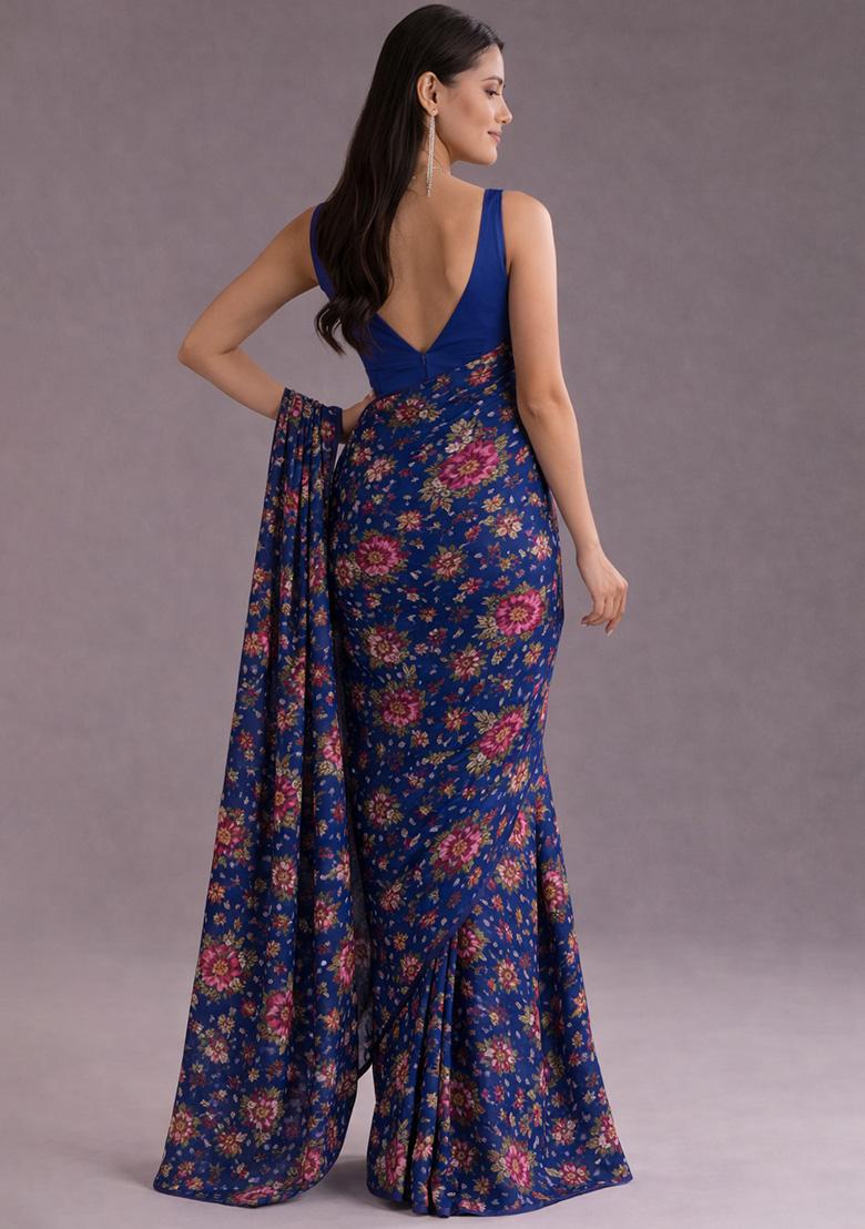 Navy Blue Floral Print Crepe Pre Draped Saree Set - Indya