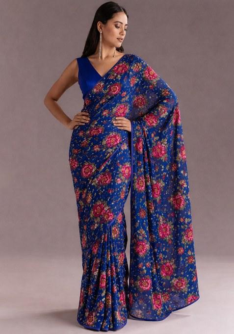 Navy Blue Floral Print Crepe Pre Draped Saree Set