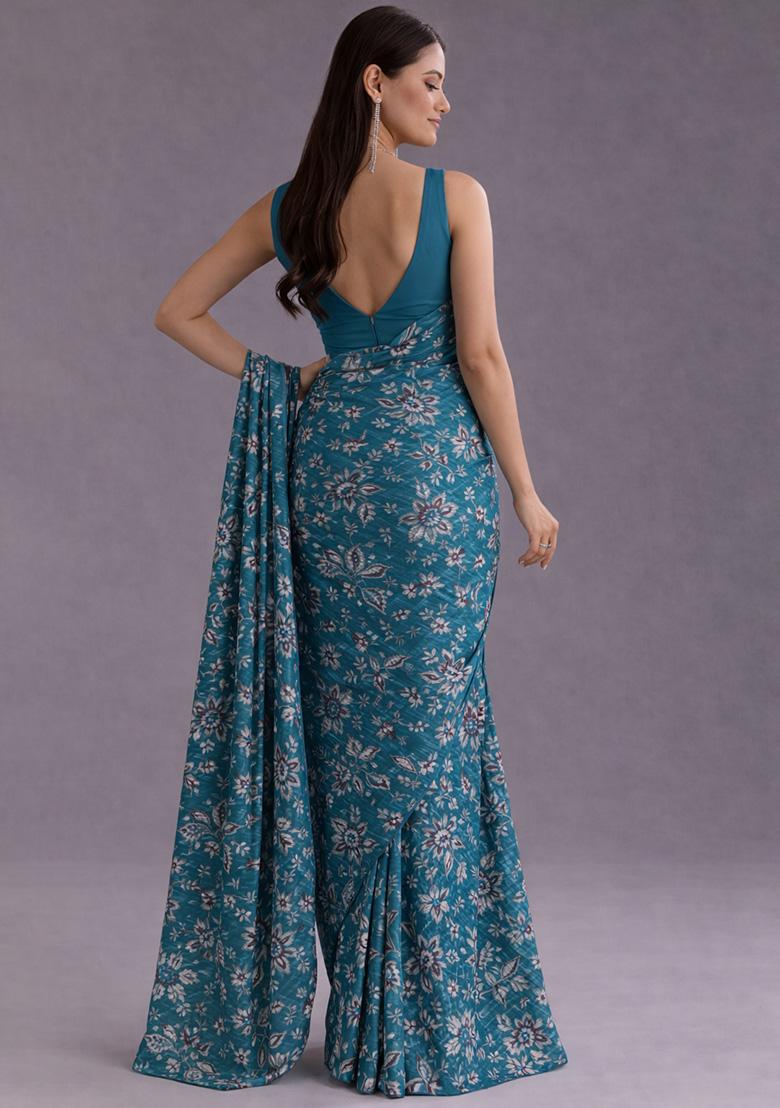 Teal Blue Floral Print Crepe Pre Draped Saree Set - Indya