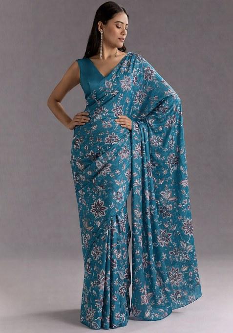 Teal Blue Floral Print Crepe Pre Draped Saree Set