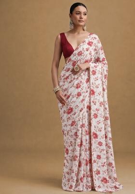 Red Floral Print Crepe Pre Draped Saree Set