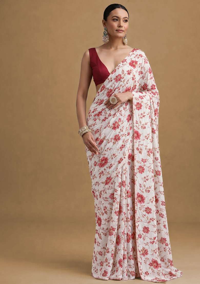 Red Floral Print Crepe Pre Draped Saree Set for Diwali and Festive Wear - Indya