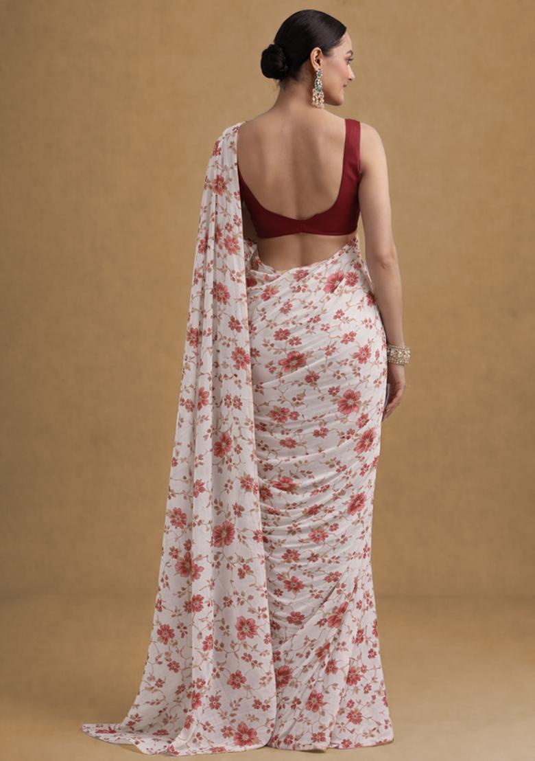 Red Floral Print Crepe Pre Draped Saree Set - Indya