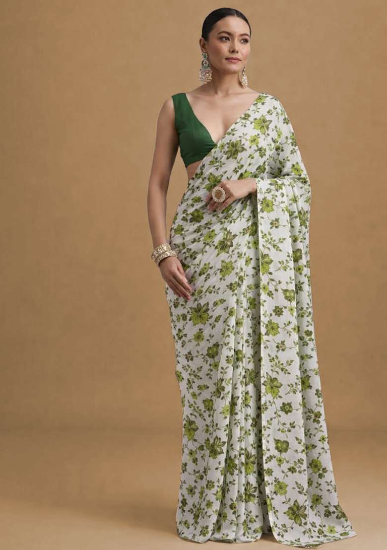 Green Floral Print Crepe Pre Draped Saree Set for Diwali and Festive Wear - Indya