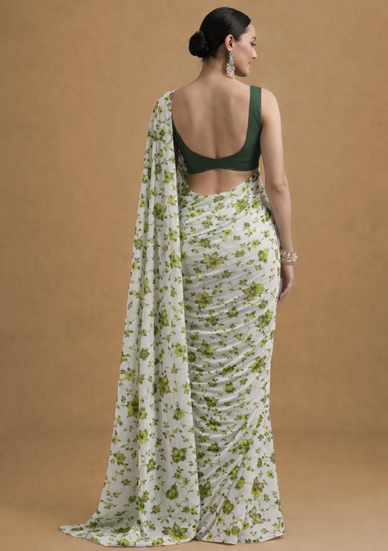 Green Floral Print Crepe Pre Draped Saree Set - Indya