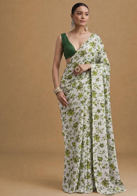 Green Floral Print Crepe Pre Draped Saree Set