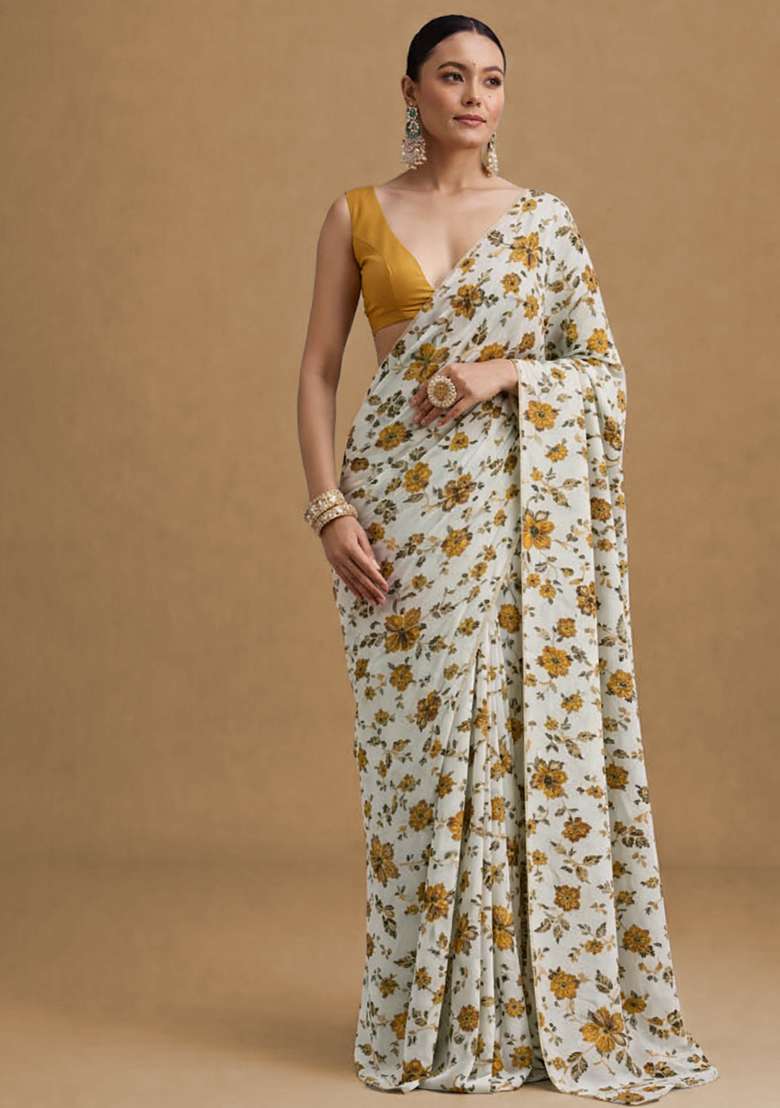 Mustard Floral Print Crepe Pre Draped Saree Set for Diwali and Festive Wear - Indya