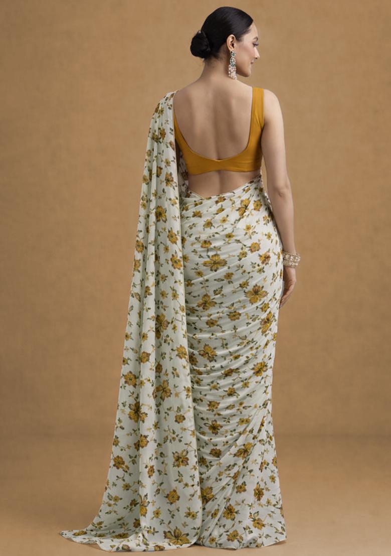 Mustard Floral Print Crepe Pre Draped Saree Set - Indya
