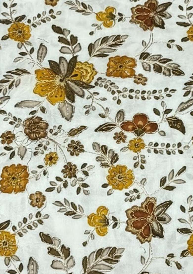 Mustard Floral Print Crepe Pre Draped Saree Set for Diwali and Festive Wear - Indya
