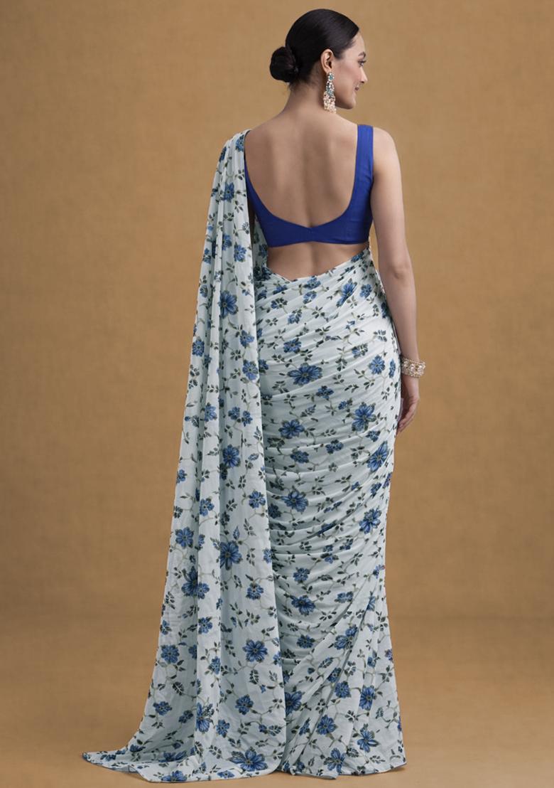 Dark Blue Floral Print Crepe Pre Draped Saree Set - Indya
