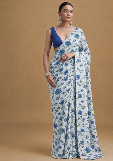 Dark Blue Floral Print Crepe Pre Draped Saree Set