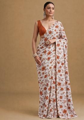 Rust Floral Print Crepe Pre Draped Saree Set