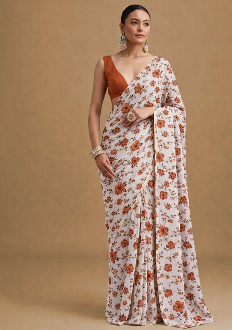 Rust Crepe Pre Draped Saree Set with Floral Print for Diwali | Wedding & Festive Wear - Indya
