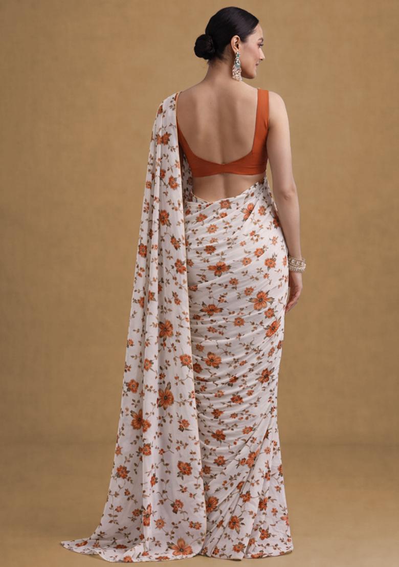 Rust Floral Print Crepe Pre Draped Saree Set - Indya