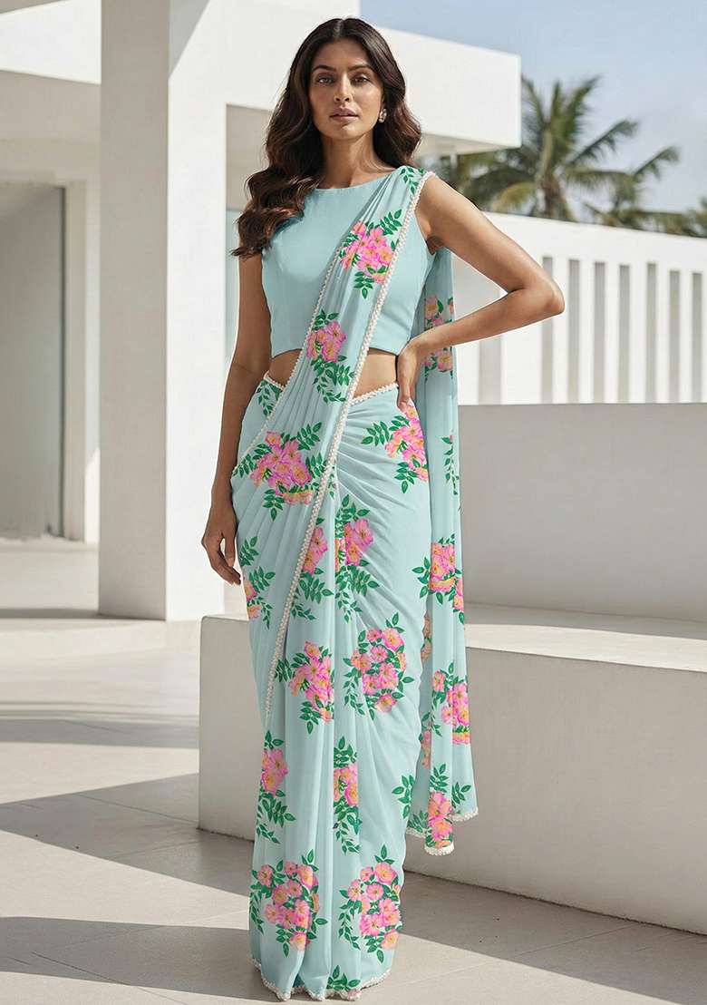 Ice Blue Georgette Pre Draped Saree Set with Floral Print for Diwali | Wedding & Festive Wear - Indya