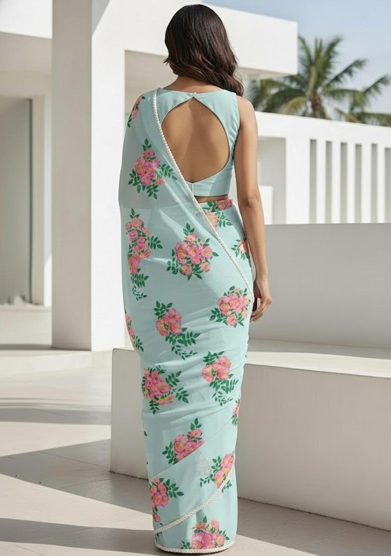 Ice Blue Floral Print Georgette Pre Draped Saree Set - Indya