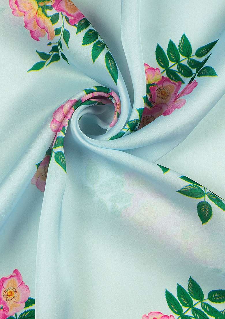 Ice Blue Georgette Pre Draped Saree Set with Floral Print for Diwali | Wedding & Festive Wear - Indya