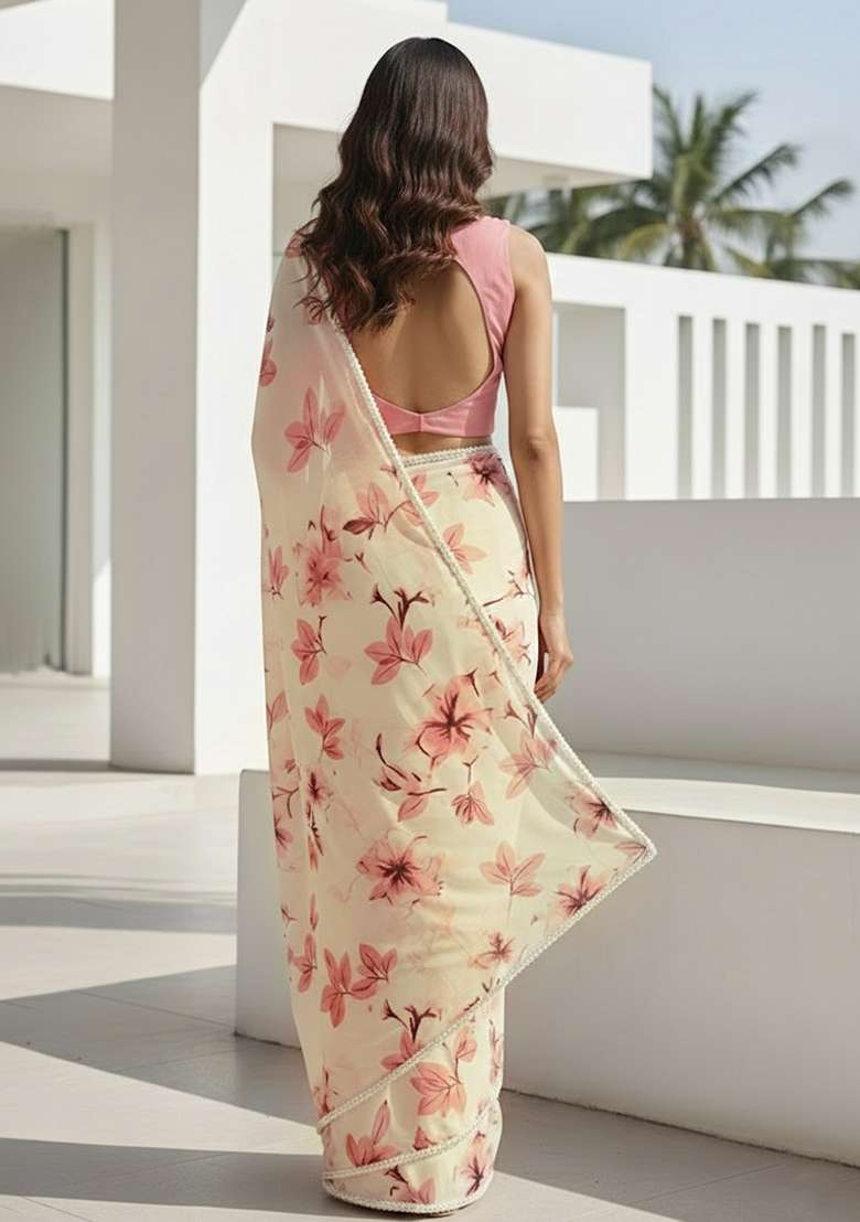 Soft Pink Georgette Pre Draped Saree Set with Floral Print for Diwali | Wedding & Festive Wear - Indya