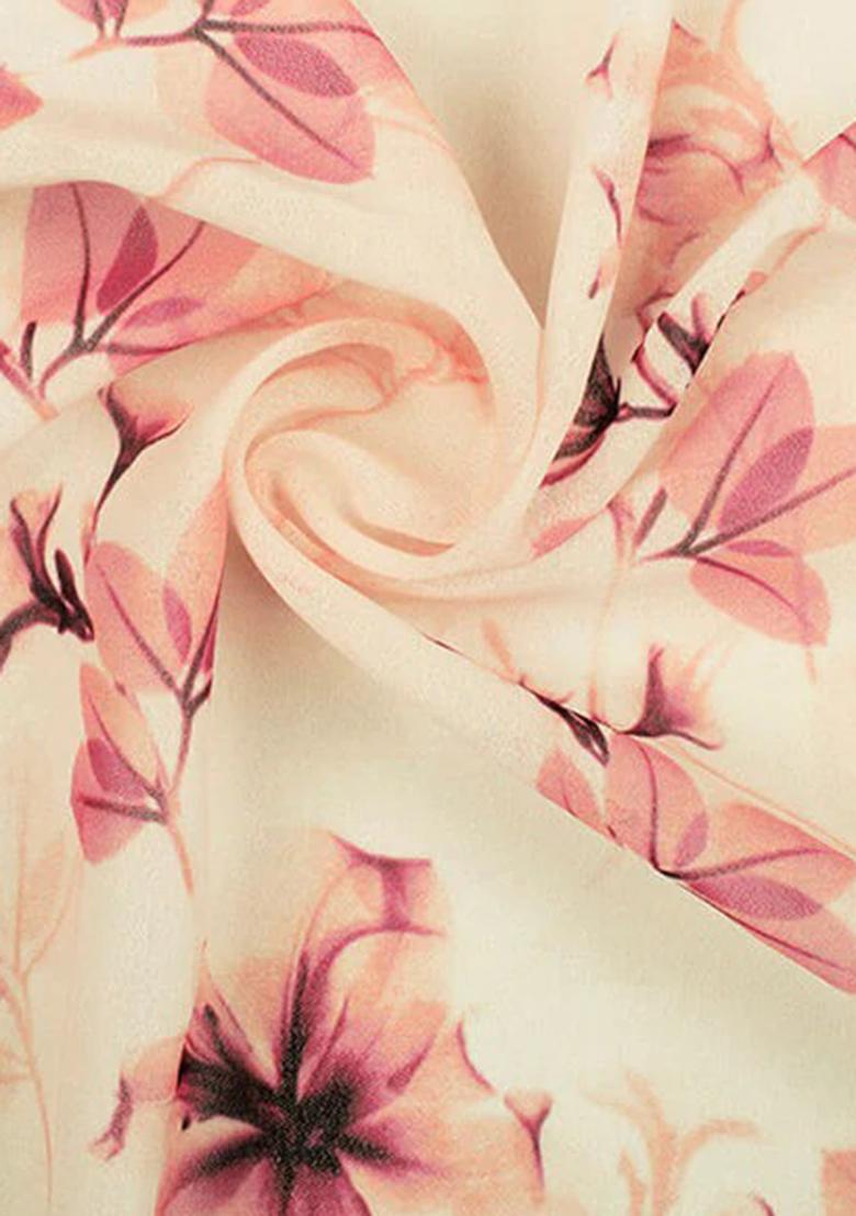 Soft Pink Floral Print Georgette Pre Draped Saree Set - Indya