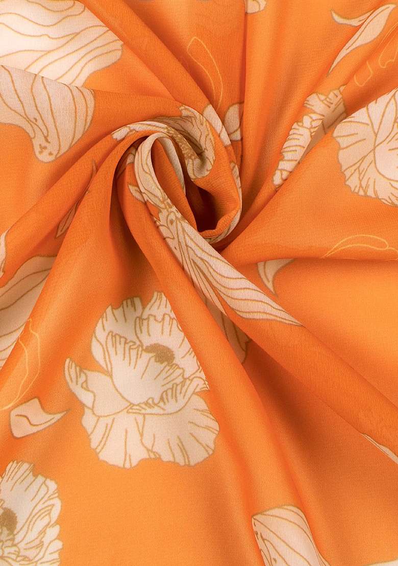 Orange Georgette Pre Draped Saree Set with Floral Print for Diwali | Wedding & Festive Wear - Indya