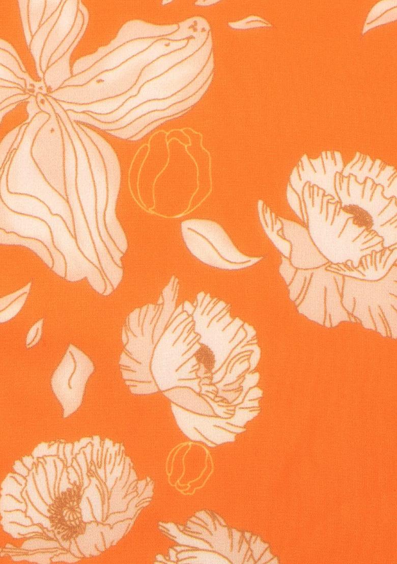 Orange Floral Print Georgette Pre Draped Saree Set - Indya