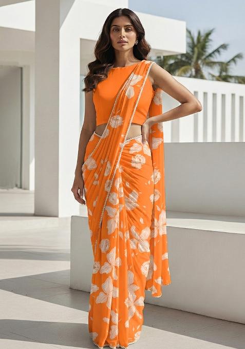 Orange Floral Print Georgette Pre Draped Saree Set