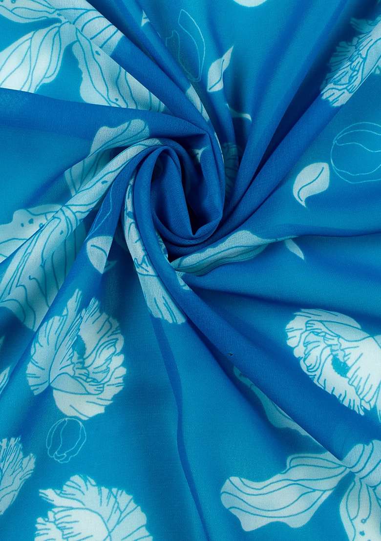 Blue Floral Print Georgette Pre Draped Saree Set for Diwali and Festive Wear - Indya