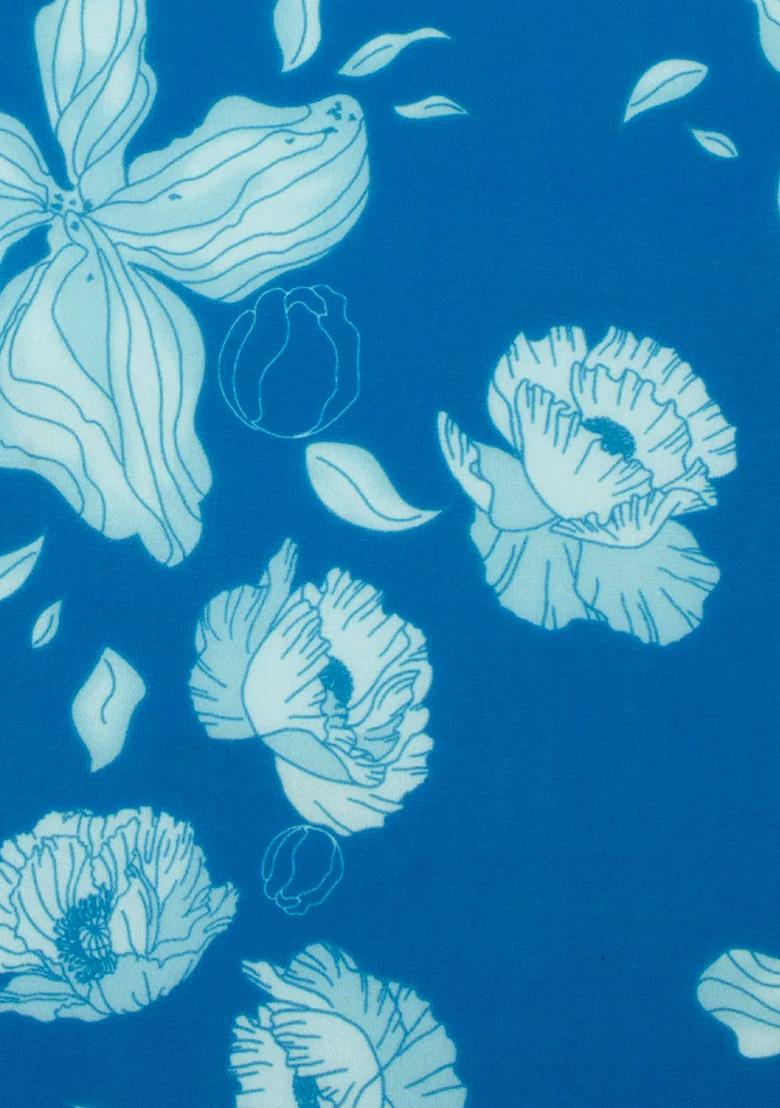 Blue Floral Print Georgette Pre Draped Saree Set - Indya