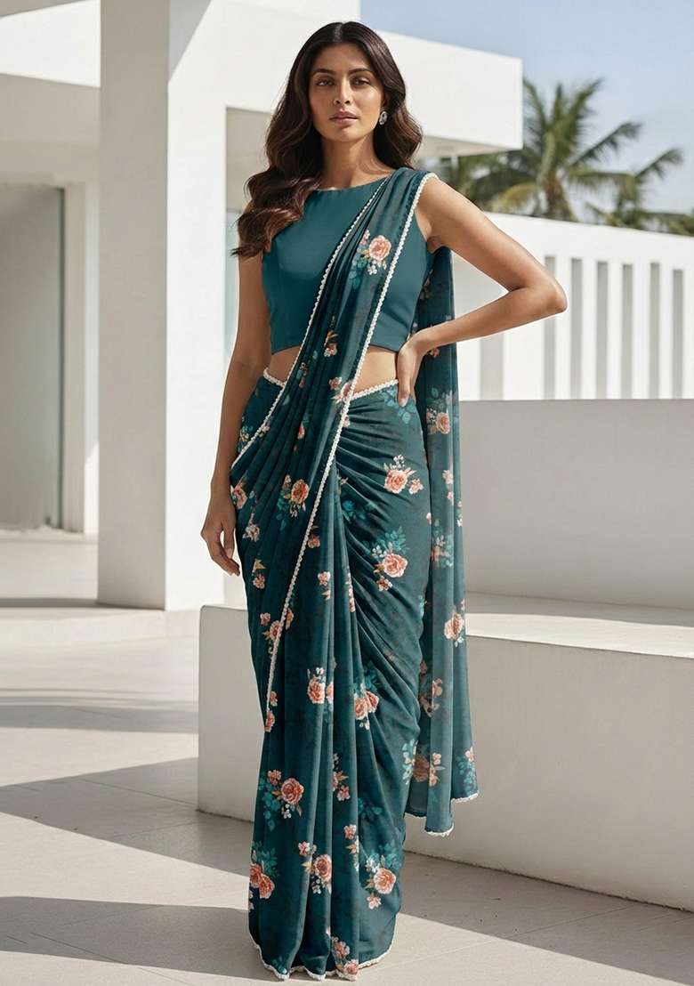 Teal Blue Floral Print Georgette Pre Draped Saree Set for Diwali and Festive Wear - Indya