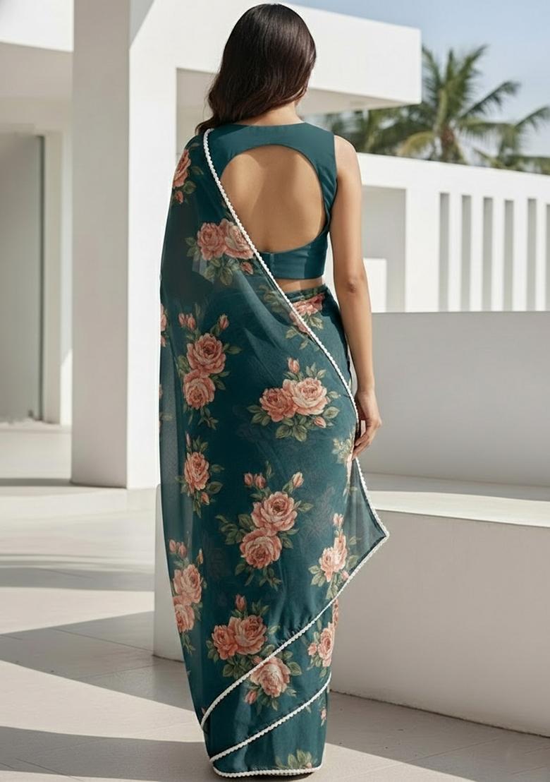 Teal Blue Floral Print Georgette Pre Draped Saree Set - Indya