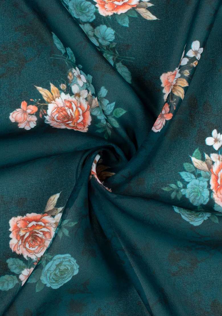 Teal Blue Floral Print Georgette Pre Draped Saree Set for Diwali and Festive Wear - Indya
