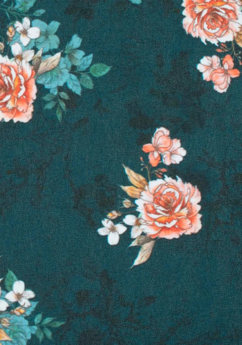 Teal Blue Floral Print Georgette Pre Draped Saree Set - Indya