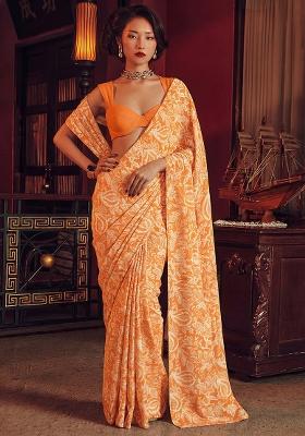 Orange Floral Print Chinon Pre Draped Saree Set