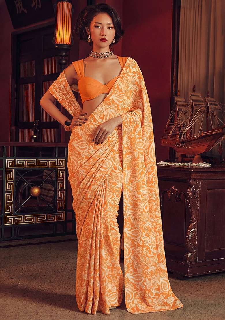 Orange Chinon Pre Draped Saree Set with Floral Print for Diwali | Wedding & Festive Wear - Indya