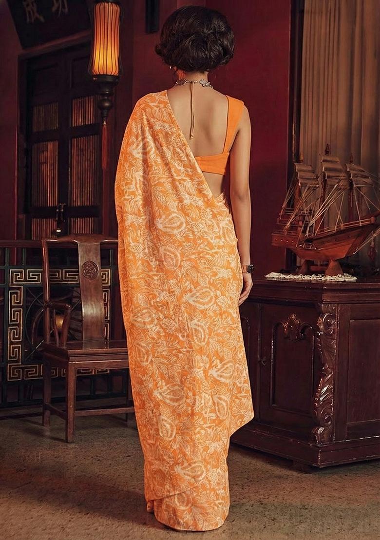 Orange Floral Print Chinon Pre Draped Saree Set - Indya