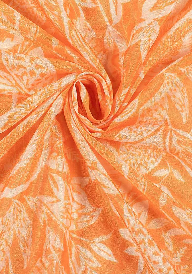 Orange Chinon Pre Draped Saree Set with Floral Print for Diwali | Wedding & Festive Wear - Indya