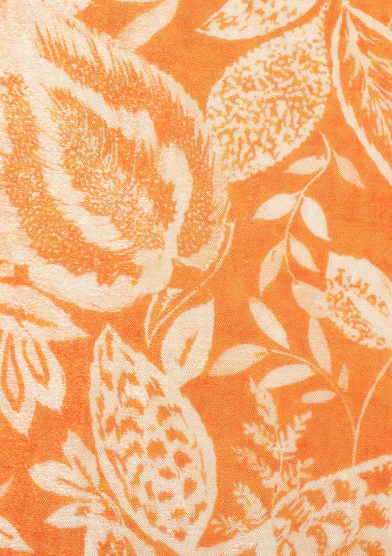 Orange Floral Print Chinon Pre Draped Saree Set - Indya