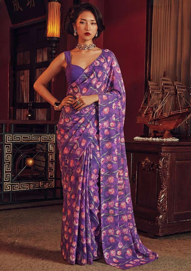 Purple Floral Print Chinon Pre Draped Saree Set for Diwali and Festive Wear - Indya