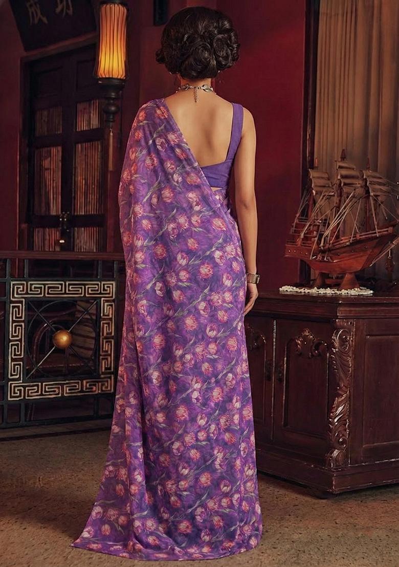 Purple Floral Print Chinon Pre Draped Saree Set - Indya