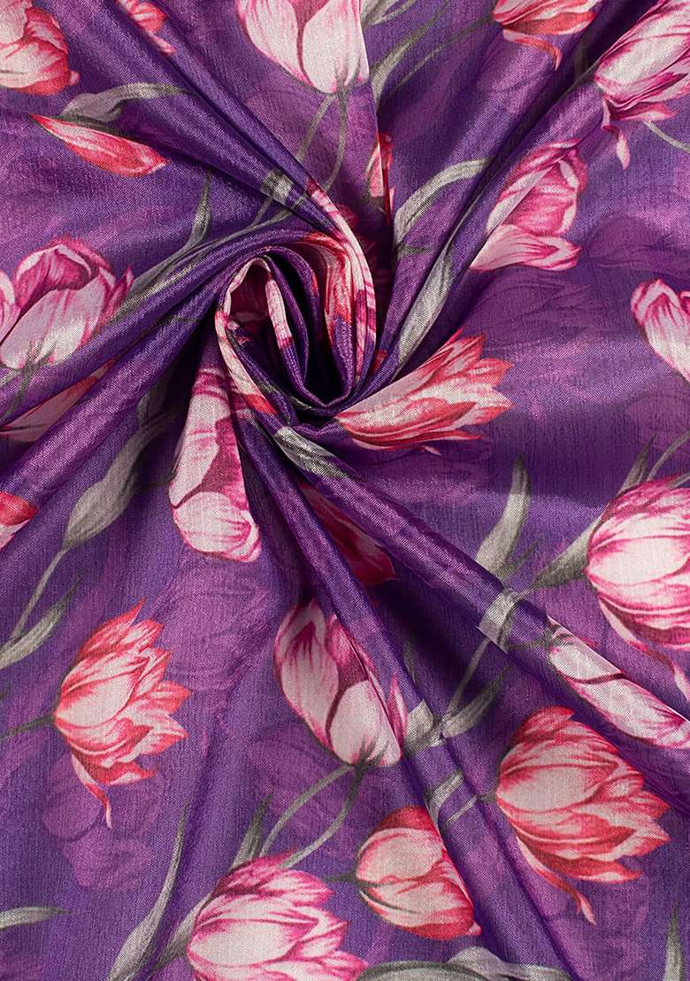 Purple Floral Print Chinon Pre Draped Saree Set for Diwali and Festive Wear - Indya