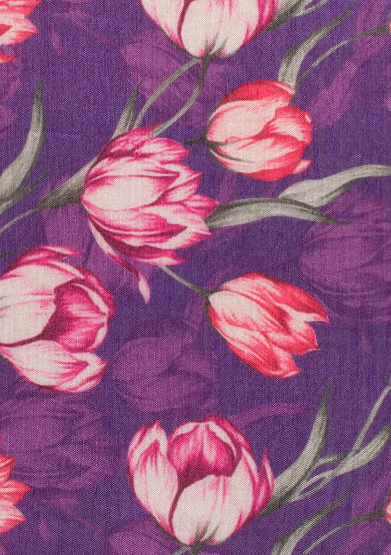 Purple Floral Print Chinon Pre Draped Saree Set - Indya