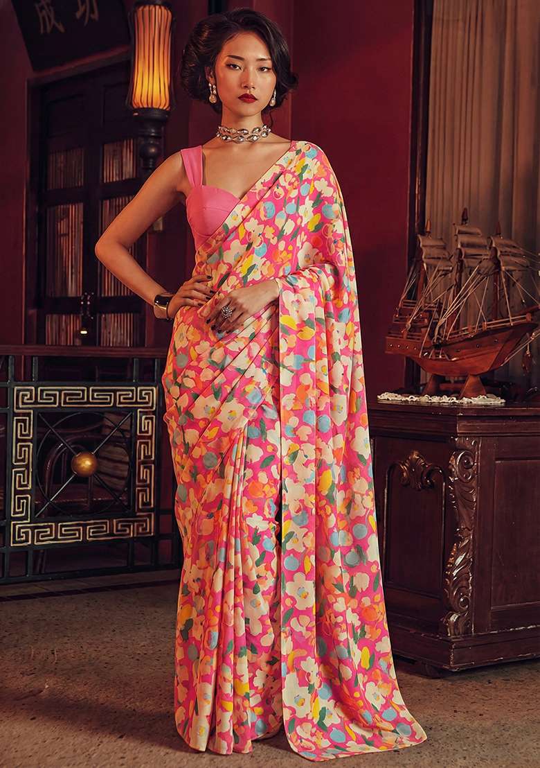 Pink Chinon Pre Draped Saree Set with Floral Print for Diwali | Wedding & Festive Wear - Indya