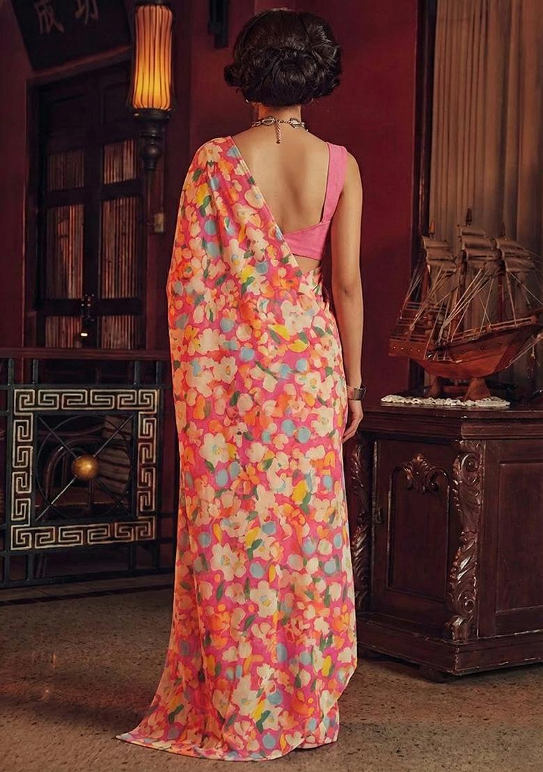 Pink Floral Print Chinon Pre Draped Saree Set - Indya