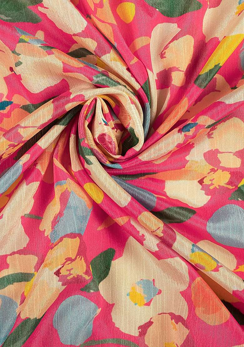 Pink Chinon Pre Draped Saree Set with Floral Print for Diwali | Wedding & Festive Wear - Indya