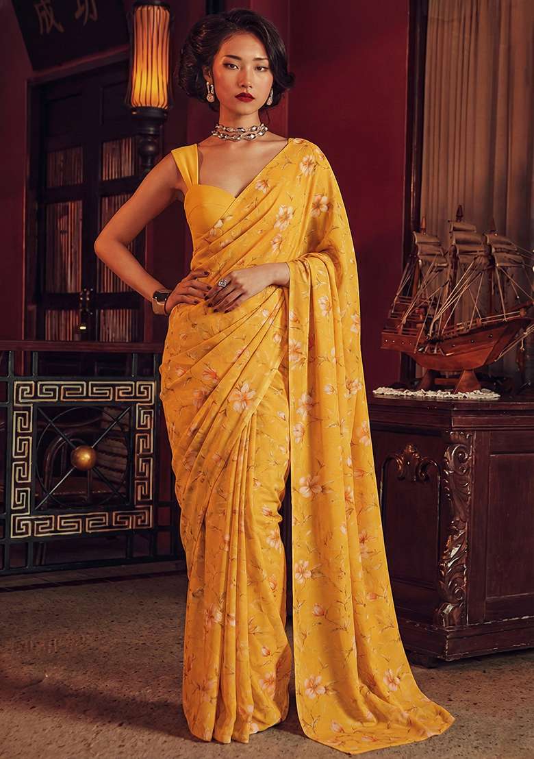 Yellow Chinon Pre Draped Saree Set with Floral Print for Diwali | Wedding & Festive Wear - Indya