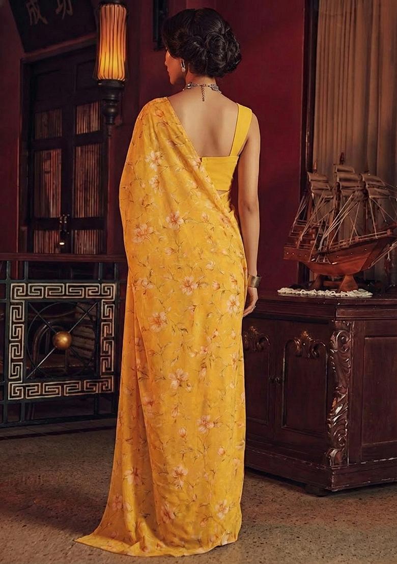 Yellow Floral Print Chinon Pre Draped Saree Set - Indya