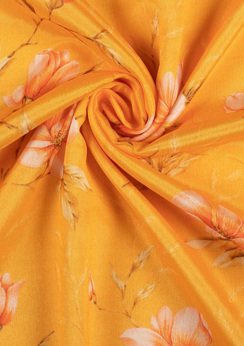 Yellow Chinon Pre Draped Saree Set with Floral Print for Diwali | Wedding & Festive Wear - Indya