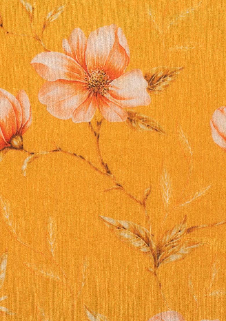 Yellow Floral Print Chinon Pre Draped Saree Set - Indya